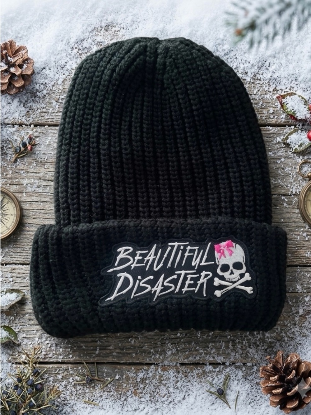 NEW Beautiful Disaster Black Knit Beanie-One Size